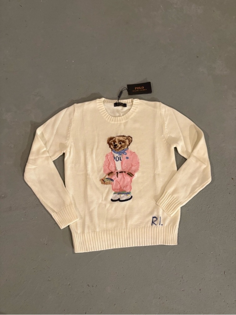 Polo by Ralph Lauren Cream Crewneck Sweater with Pink Bear Motif